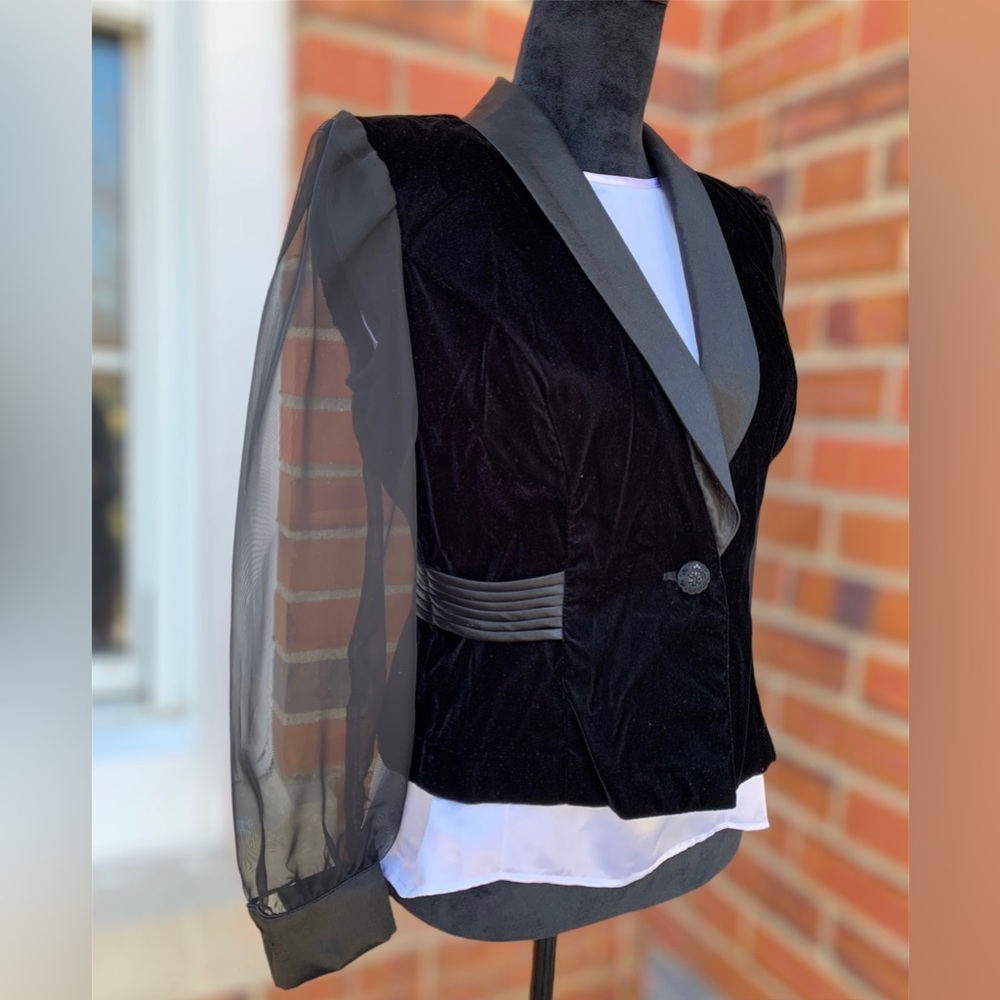 Vintage Black Velvet Blazer with Sheer Sleeves, Satin Lapel + Waist Detail